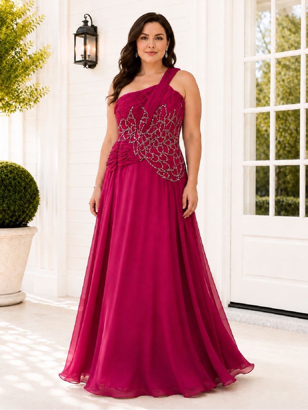 Colors Dress 0613 Cranberry One-Shoulder Beaded Chiffon Gown Size 10